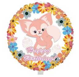 Foil balloon with fox and floral design, Happy Birthday 18" (45cm.)
