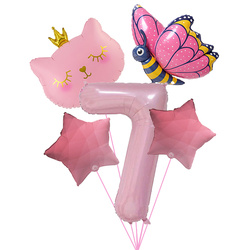 Narozeninová sada balónků "Pink 7" - kočka, motýl, hvězdy