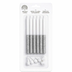 Silver glitter birthday candles 6 pcs. + coasters