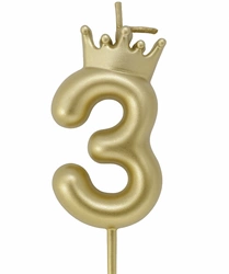 Golden birthday candle - Number 3 with crown