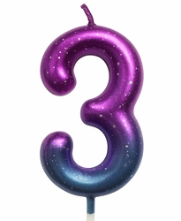 Birthday candle number "3" - purple-blue with glitter