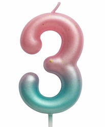 Birthday candle number "3" - pink and mint with ombre effect