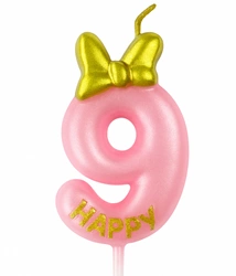 Birthday candle number "9" - pink with glitter and bow