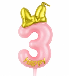 Birthday candle number "3" - pink with glitter and bow - Number "3" White