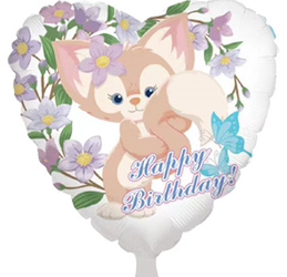 Fóliový balónek ve tvaru srdce s roztomilou liškou a květinovým motivem, Happy Birthday 18" (45cm).)