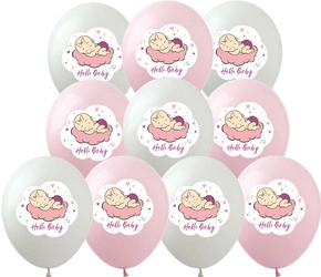 Balony gumowe z nadrukiem Hello Baby GIRL (10 szt.)