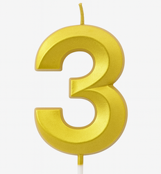Zlatá narozeninová svíčka ve tvaru čísla "3"