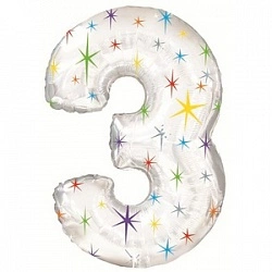Foil Balloon Number "3" White with Stars (100cm.)