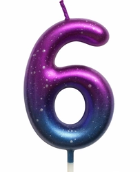 Birthday candle number "6" - purple-blue with glitter