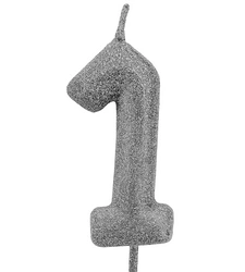 Silver birthday candle in the shape of a number "1"