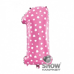 Foil Balloon Number "1" Pink with Hearts (100cm.)