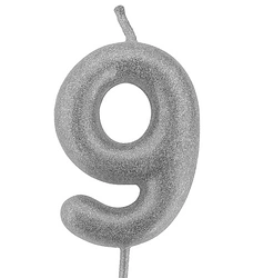 Silver birthday candle in the shape of a number "9"