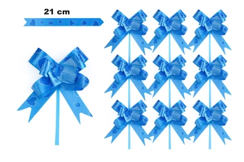 Decorative blue bow with hearts motif - 21 cm (set of 10 pcs).)