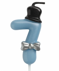 Birthday candle number "7" - blue with cylinder and bow tie