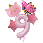 Narozeninová sada balónků "Pink 9" - kotě, motýl, hvězdy