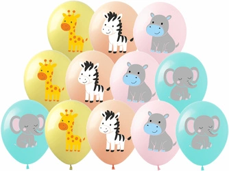 Balony Safari z zwierzątkami zestaw 12 sztuk pastelowych balonów