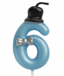 Birthday candle number "6" - blue with cylinder and bow tie