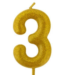 Golden birthday candle "3" with glitter