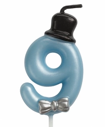 Birthday candle number "9" - blue with cylinder and bow tie
