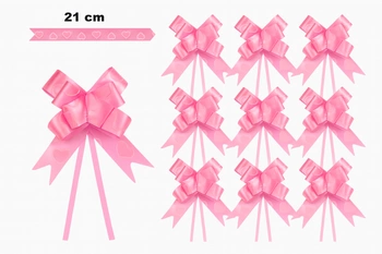 Pink decorative bow with hearts motif - 21 cm (set of 10 pcs).)
