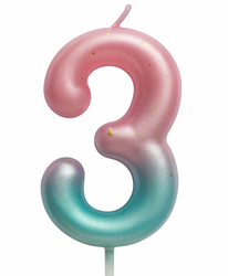 Narozeninová svíčka číslo "3" - růžová a mátová s ombre efektem