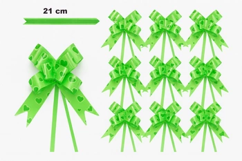 Green decorative bow with hearts motif - 21 cm (set of 10 pcs).)