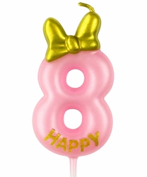 Birthday candle number "8" - pink with glitter and bow