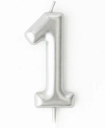 Silver birthday candle in the shape of a number "1"